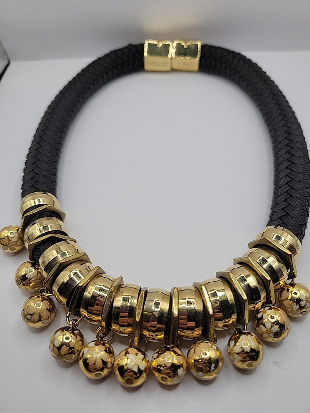 Holst + Lee Floral Gold Ball Charm Black Braided Necklace Chunky, Boho, Party.